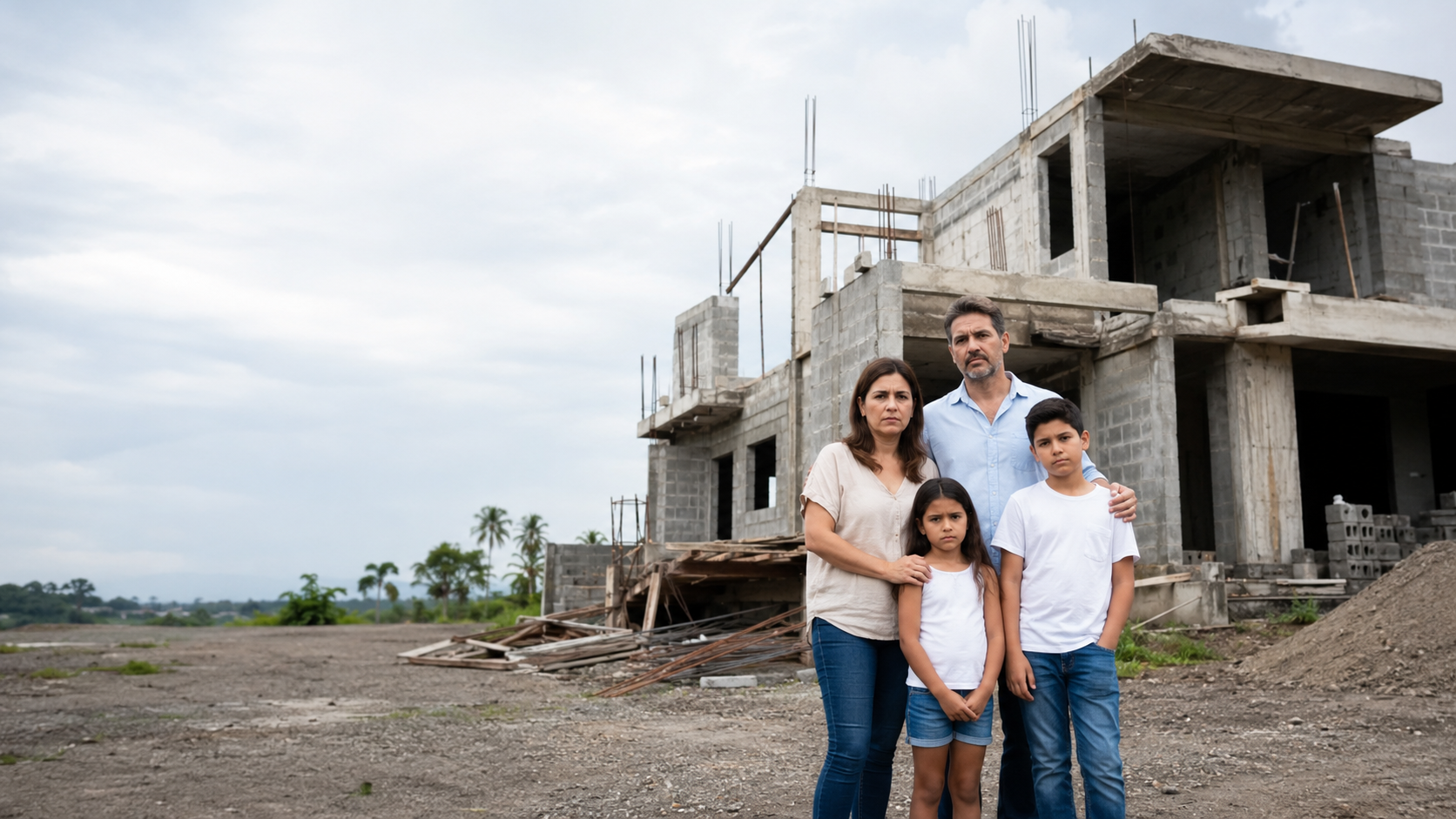 Familia frente a una construcción inconclusa
